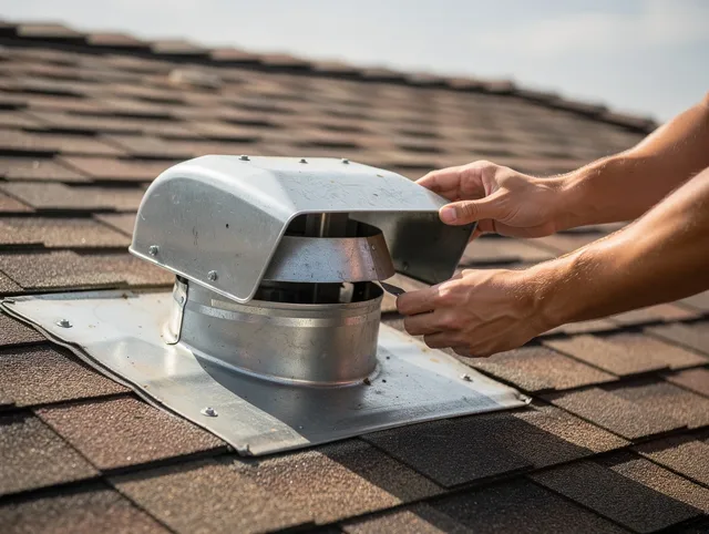 Bedford Dryer Vent Cleaning certified technician safely cleaning a roof-mounted dryer vent in Bedford