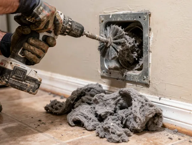 Certified Bedford Dryer Vent Cleaning technician performing dryer vent cleaning in Bedford