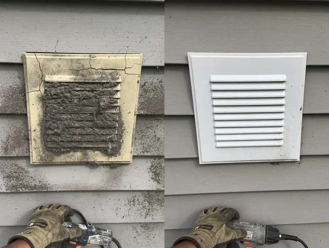 Bedford Dryer Vent Cleaning technician installing high-quality dryer vent cover at a residential property in Bedford