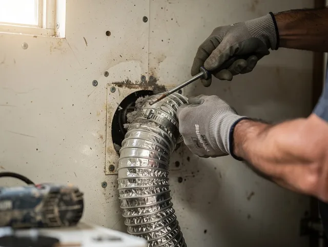 Bedford Dryer Vent Cleaning technician performing precise dryer vent hose installation in Bedford
